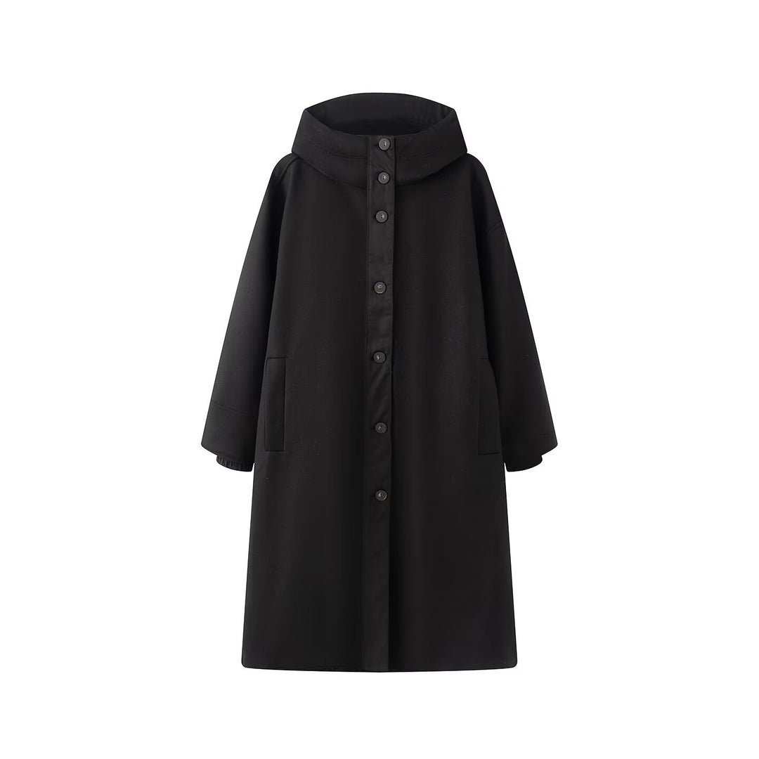 Damen Weicher Oversize Wollmix‑Mantel mit Kapuze und durchgehender Knopfleiste Drune