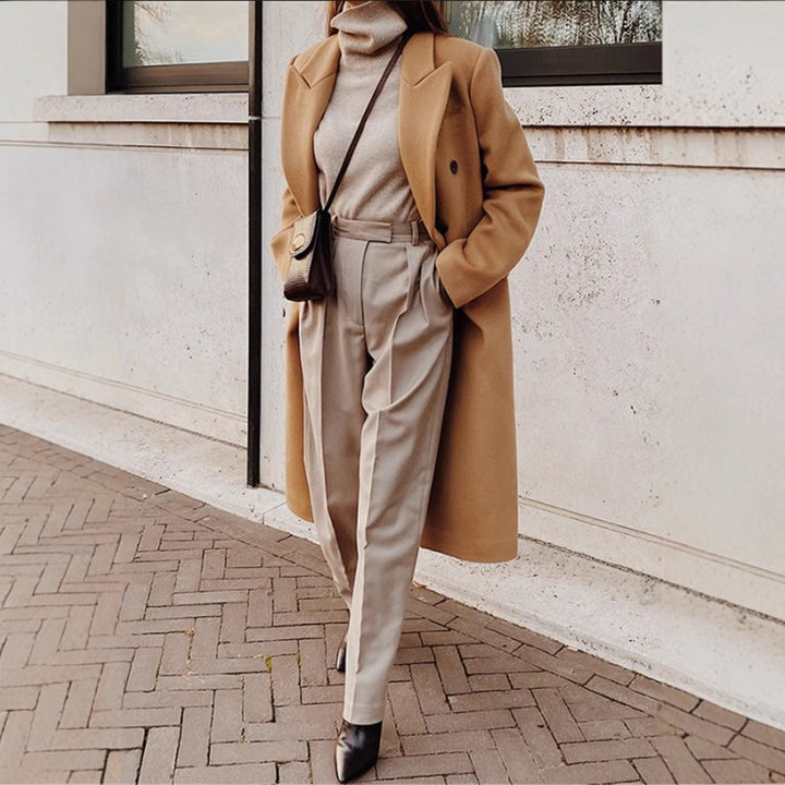 Frauen Doppelreiher Wollmischung Mantel mit oversized Schnitt und breiten Revers Drune