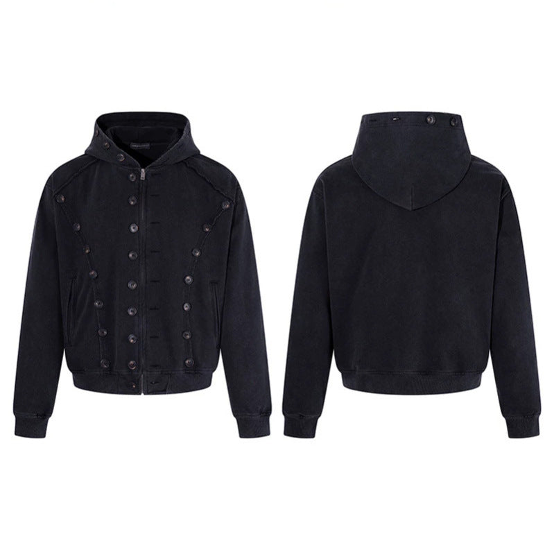 Herren Kapuzen-Zipjacke mit dekorischer Knopfreihe, vintage-inspirierter Waschung und elastischem Saum Drune