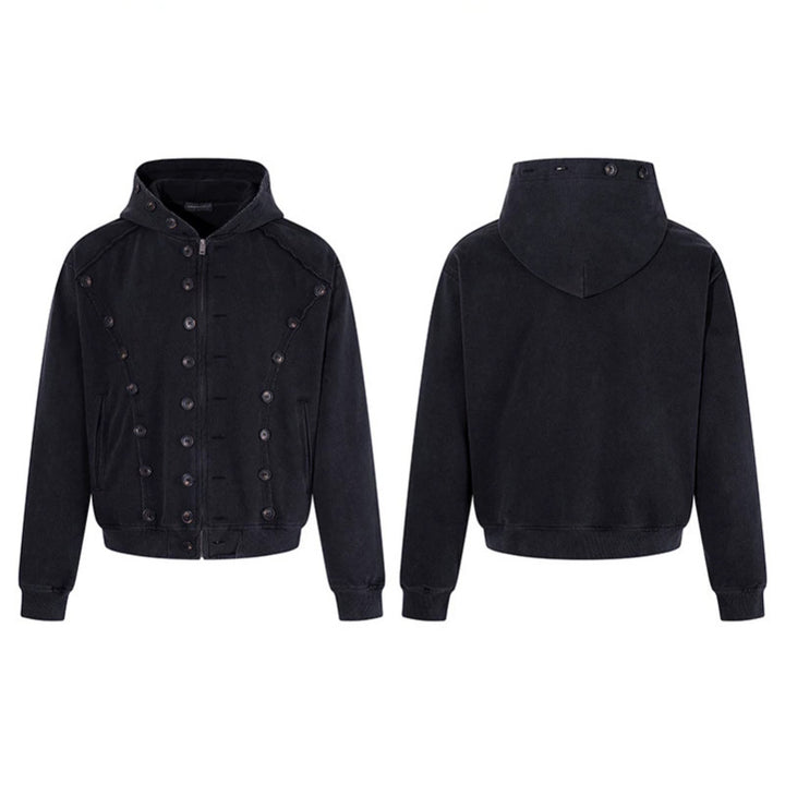 Herren Kapuzen-Zipjacke mit dekorischer Knopfreihe, vintage-inspirierter Waschung und elastischem Saum Drune