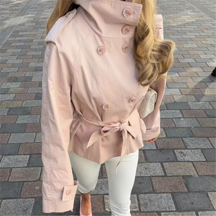 Damen Kurzjacke im Trench‑Stil mit Stehkragen Doppelreihe und Bindegürtel Drune