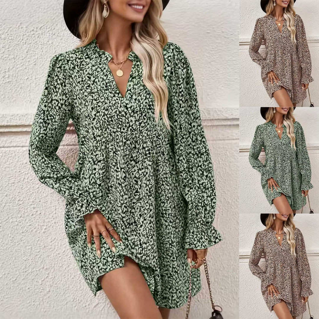 Damen Lockeres Chiffon-Minikleid mit V-Ausschnitt und Volantärmeln Drune