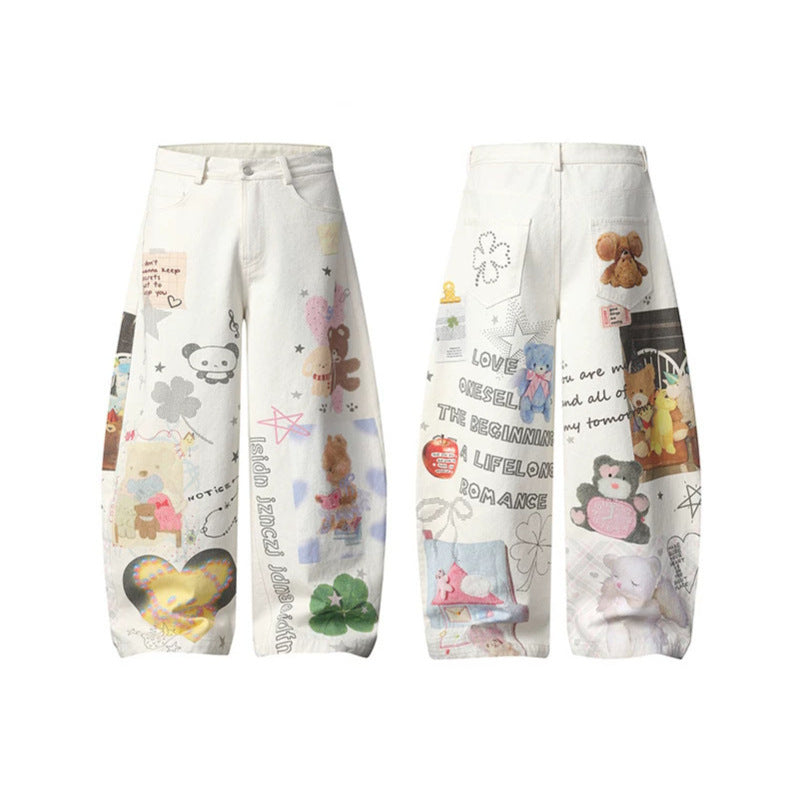 Damen Weite High‑Waist Culotte-Jeans mit verspieltem Allover-Mixed-Print und elastischem Saum Drune