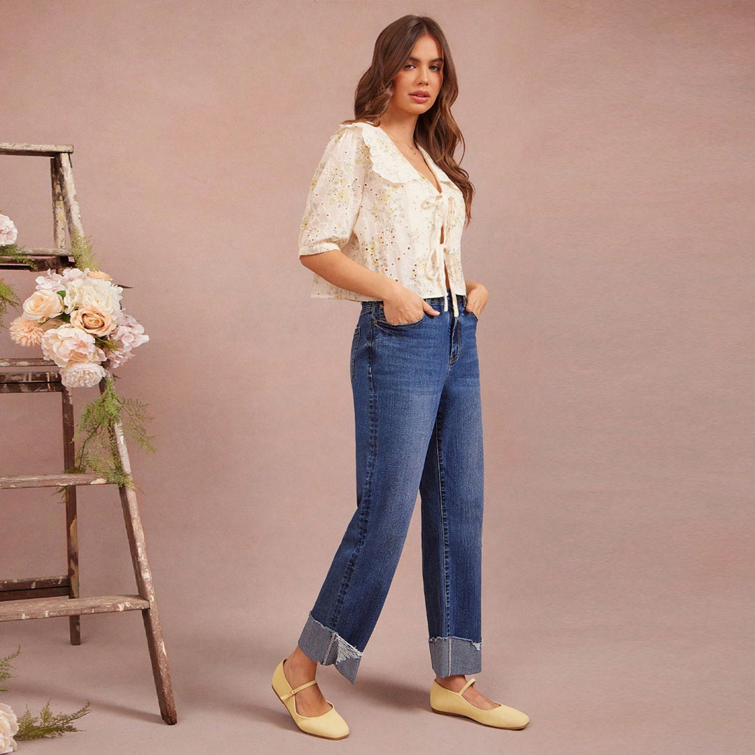 Damen Hochtaillierte Cropped-Jeans mit weitem Bein und ausgefranstem Umschlag Drune