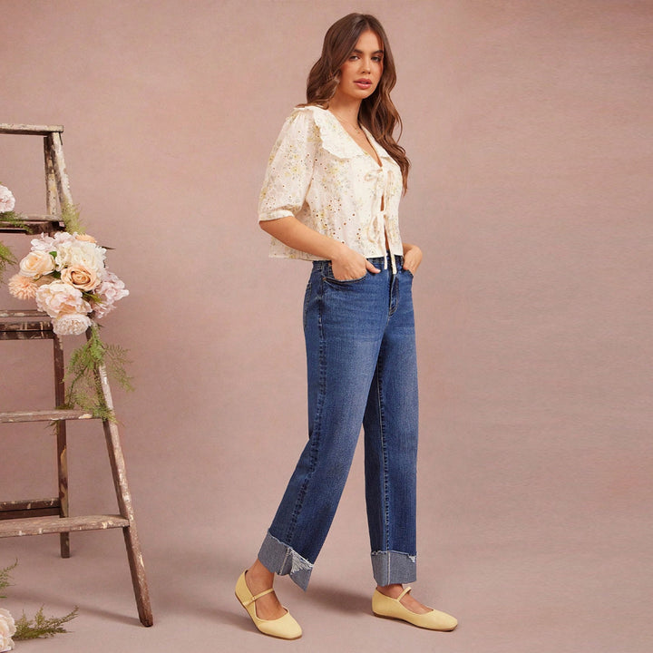 Damen Hochtaillierte Cropped-Jeans mit weitem Bein und ausgefranstem Umschlag Drune