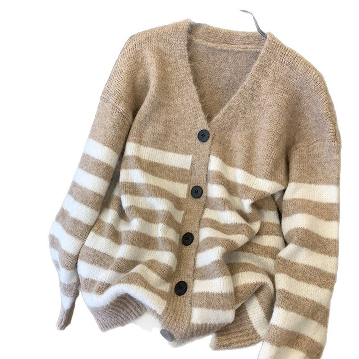 Damen Gemütlicher Strickcardigan mit V-Ausschnitt und Streifen Drune