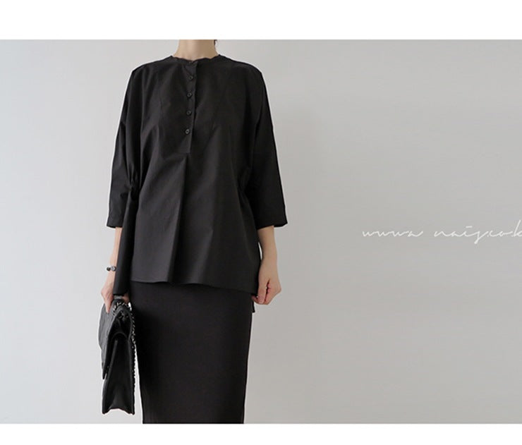 Damen Oversized-Bluse mit Stehkragen, ballonförmiger Silhouette und 3/4-Ärmeln Drune