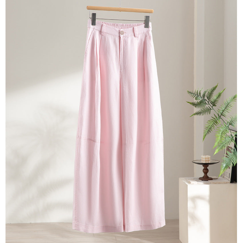 Damen weite Leinenoptik-Hose mit hoher Taille, Bügelfalte und elastischem Rückenteil Drune
