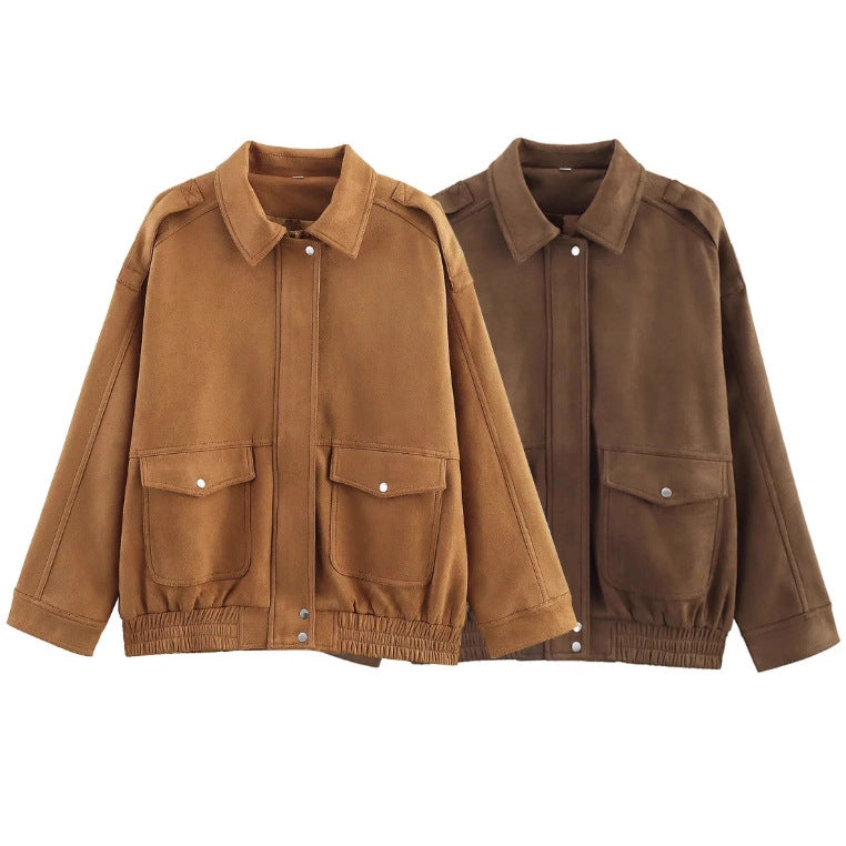 Damen 500+ lässige Velours‑Blousonjacke mit Pattentaschen und elastischem Saum Drune