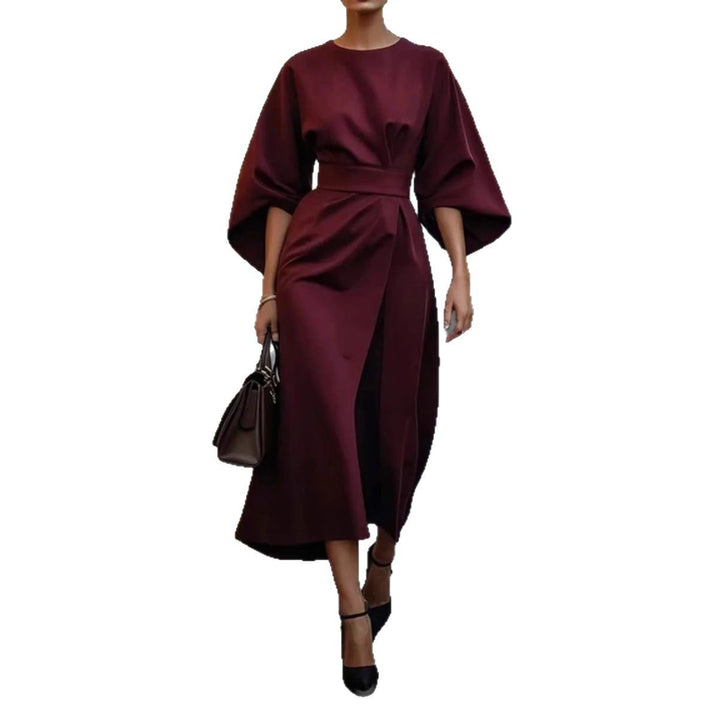 Damen nan elegantes Midikleid mit Kimonoärmeln, drapierter Wickeloptik und Taillengürtel Drune
