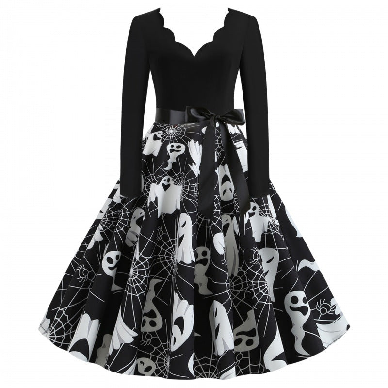 Damen Swingkleid mit wellenförmigem Ausschnitt, langärmligem Oberteil und Geister-Print mit Taillenschleife Drune