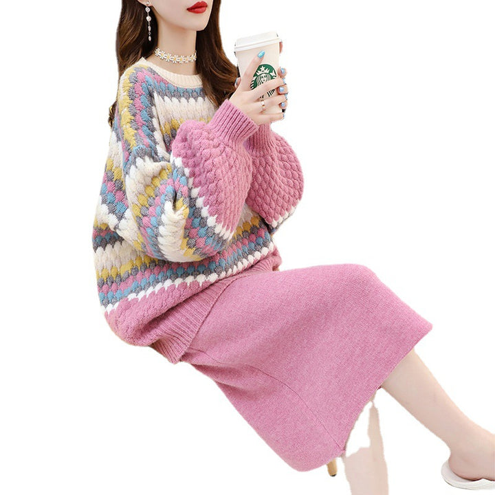 Damen gemütlicher Strickpullover mit buntem Blockmuster und voluminösen Ärmeln Drune