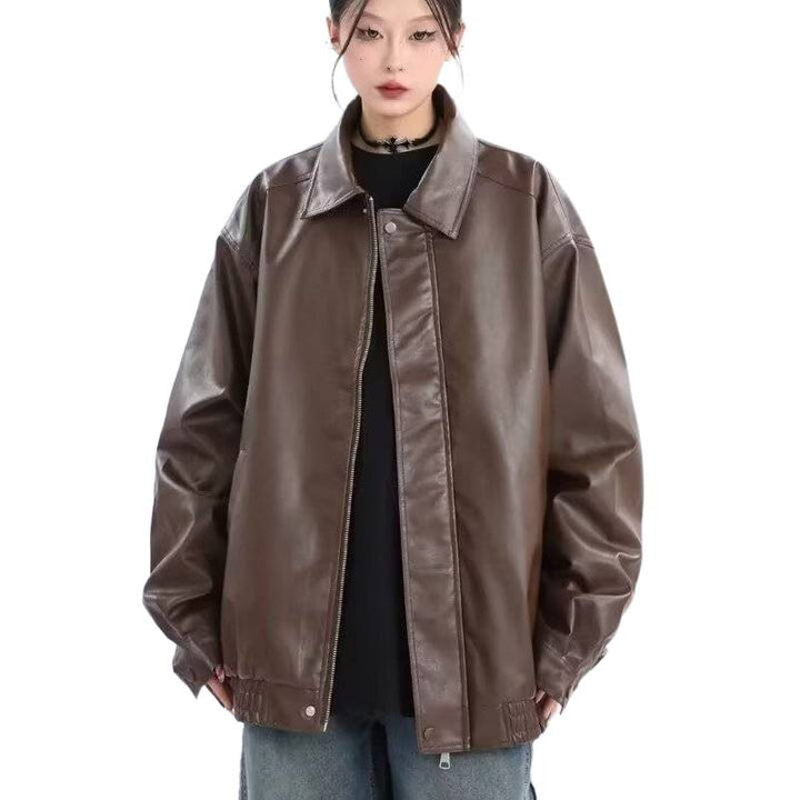 Damen Oversized Kunstleder-Blouson mit elastischem Saum und Hemdkragen Drune