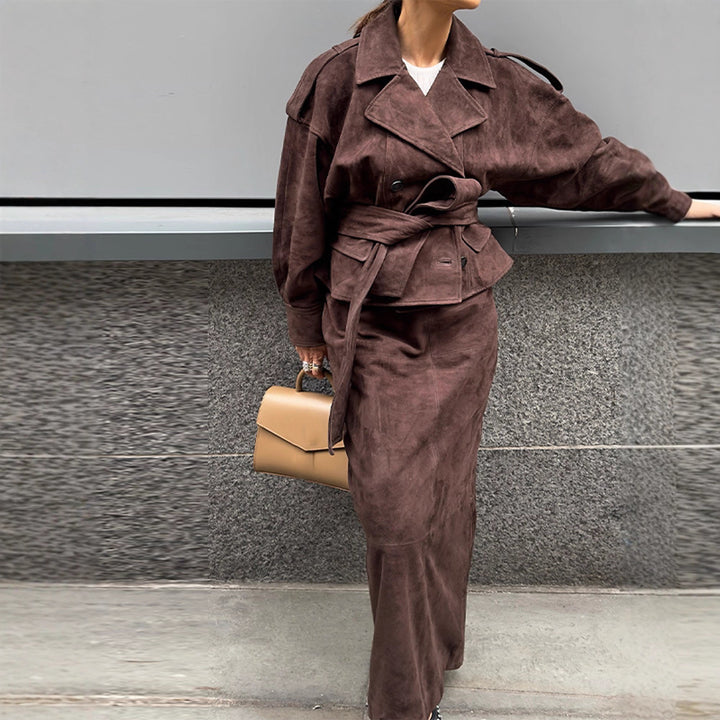 Damen modische Wildlederjacke mit passendem Rock im eleganten Set Drune