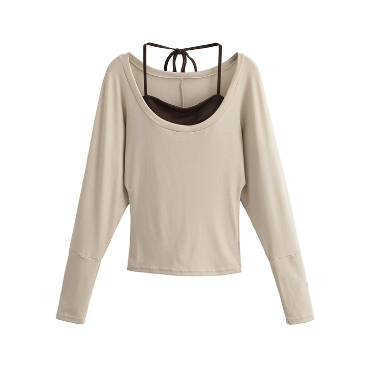 Damen Lagen-Langarmshirt mit integriertem Spaghettiträger-Cami und weitem Rundhals Drune