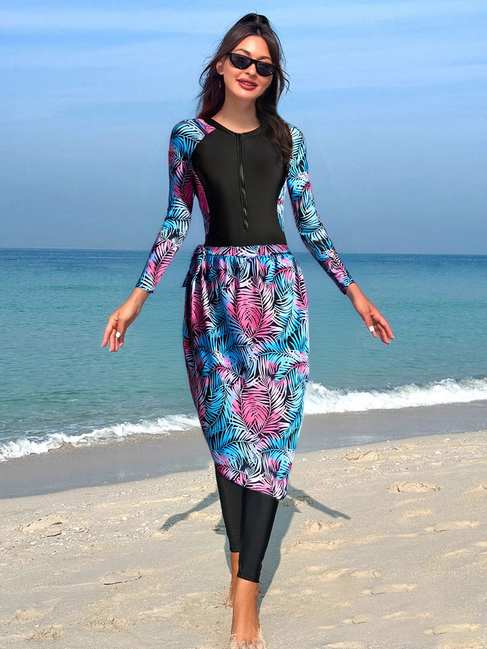 Damen Modischer UV-Schutz-Schwimmanzug mit langen Ärmeln und elegantem Rock Drune
