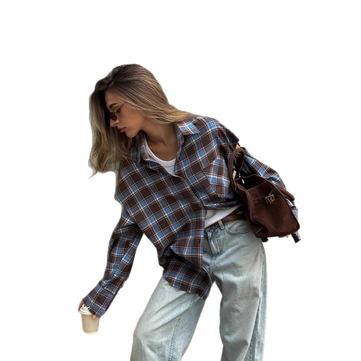 Damen karierte Oversize-Hemdjacke mit Cut-Out-Ärmeln und rohem Saum Drune