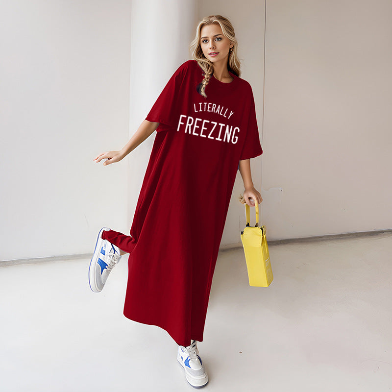 Damen nan lässiges Oversize Maxi-T-Shirt-Kleid mit Rundhals und Statement-Print Drune