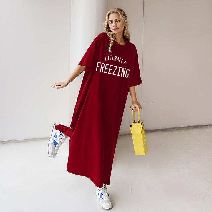Damen nan lässiges Oversize Maxi-T-Shirt-Kleid mit Rundhals und Statement-Print Drune