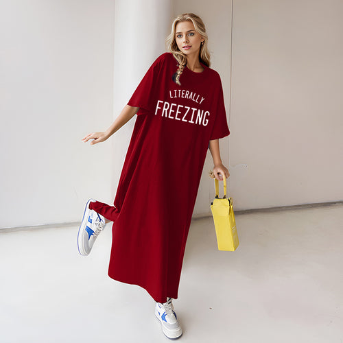 Damen nan lässiges Oversize Maxi-T-Shirt-Kleid mit Rundhals und Statement-Print Drune