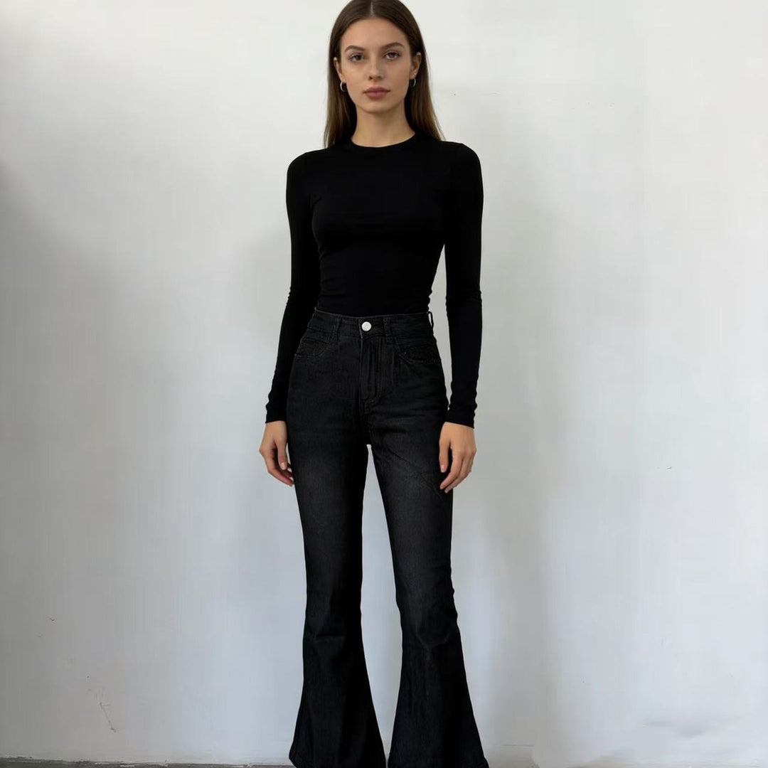Damen nan High‑Waist Schlagjeans mit modellierender Hüftform, verstärkten Beinnähten und extra weitem Trompetenbein Drune