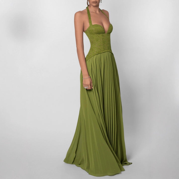 Damen nan Neckholder-Korsettkleid mit Spitzen-Corsage und fließendem Plisseerock Drune