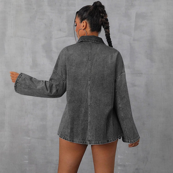 Damen oversized Denim-Bluse mit praktischem Reißverschluss und lässigem Kragen Drune