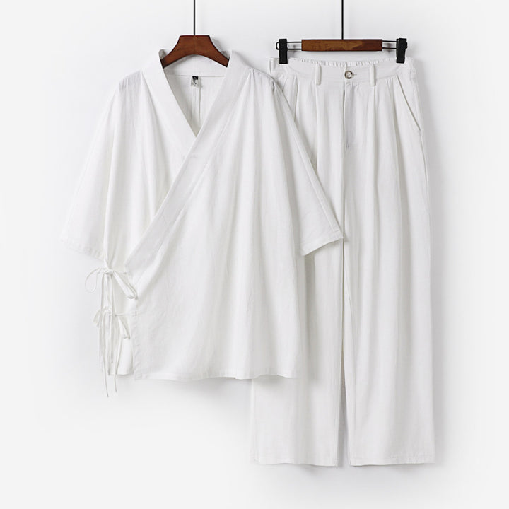 Unisex Kimono-Freizeit-Set mit Wickeloberteil und elastischer Bundhose Drune