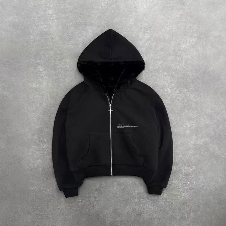 Unisex Kapuzen-Sweatjacke mit Kunstfellfutter, verkürztem Schnitt und Kreuz-Reißverschluss Drune