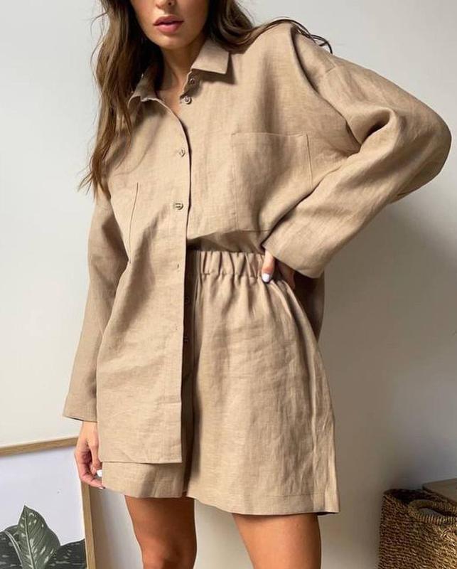Damen Relaxed Fit Button-Up Shirt und elasticalm Bund Shorts Set Drune
