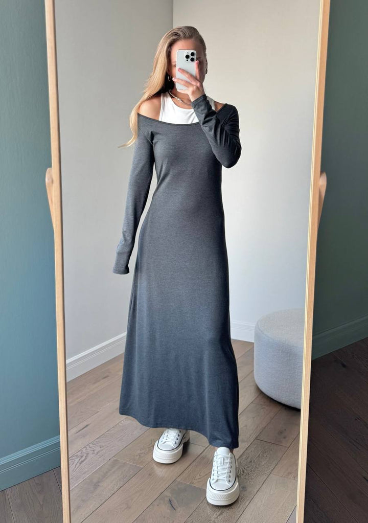 Damen elegantes Maxikleid mit schulterfreiem Design Drune
