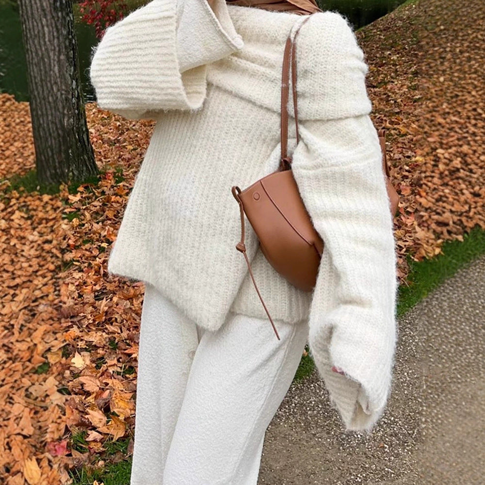 Damen Oversize Schulterfreier Rippstrick-Pullover mit weiten Glockenärmeln Drune