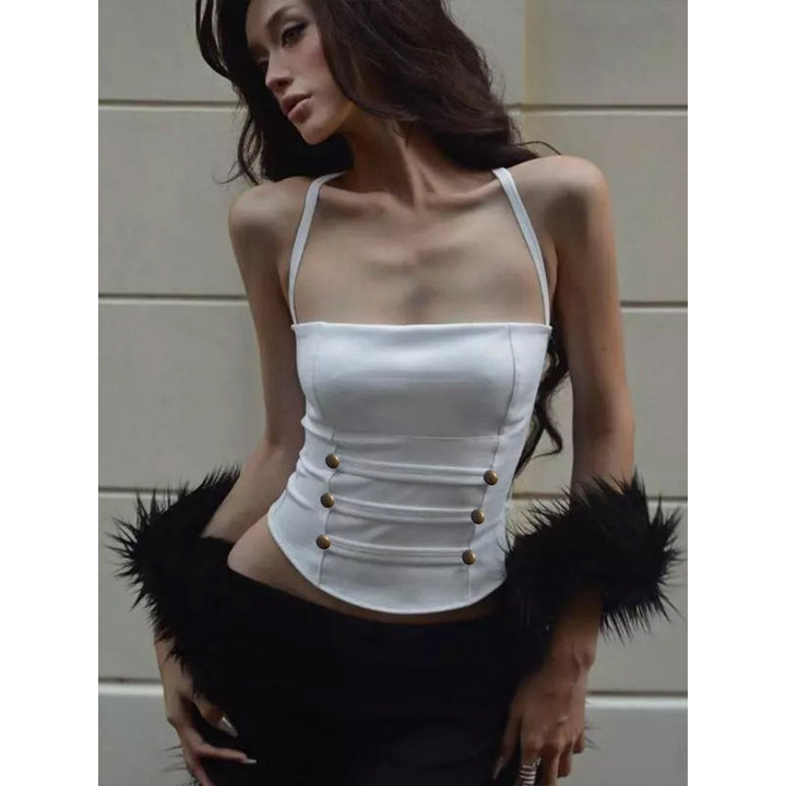 Damen Stylisches Top mit verstellbaren Spaghettiträgern und Knopfdetail Drune