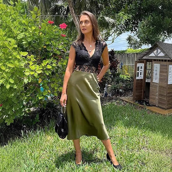 Damen eleganter Midi-Rock aus satinierter Viskose mit fließendem Fall Drune