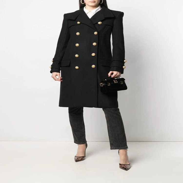 Damen Eleganter Wollmix-Longcoat im Marineinspirierten Doppelreiher mit Oversized-Schalkragen und Zierärmeln Drune
