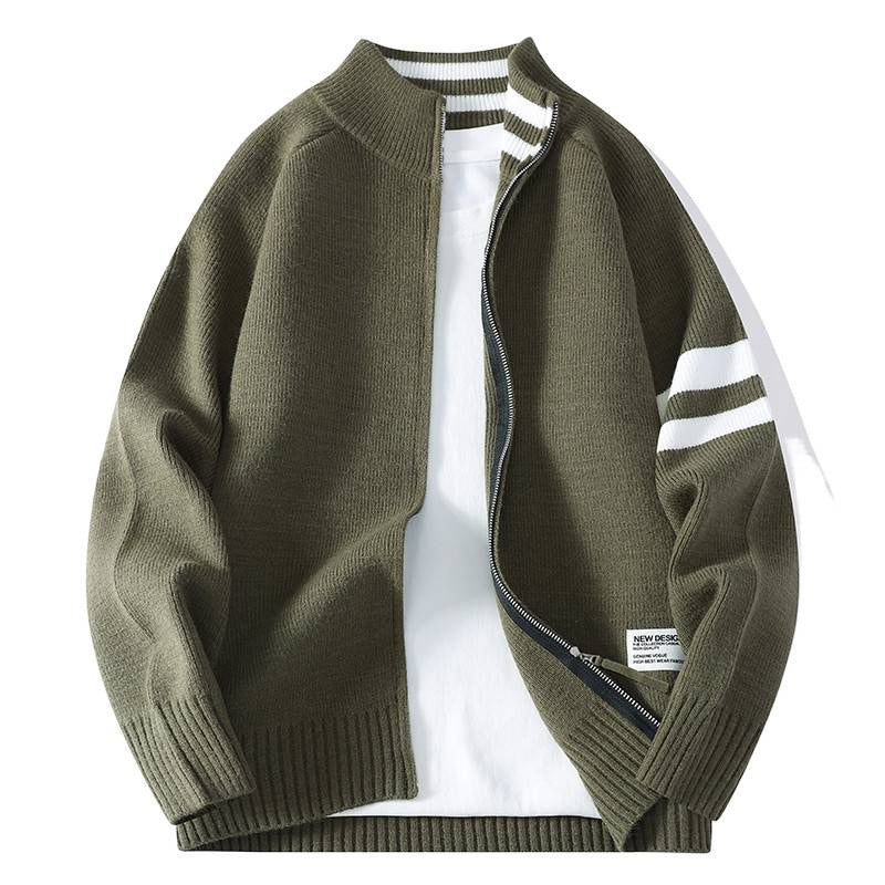 Herren nan gestrickte Zip-Cardigan im College-Stil mit gestreiftem Ärmelband und geripptem Stehkragen Drune