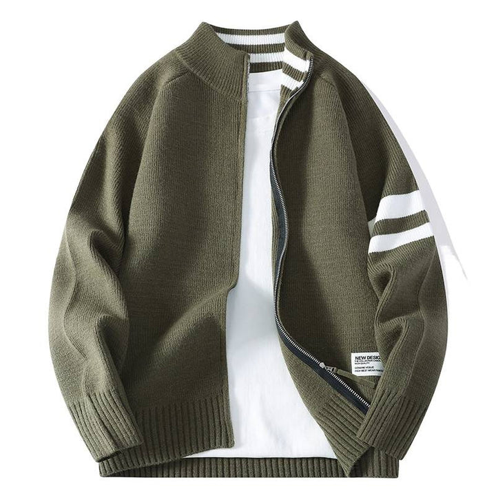 Herren nan gestrickte Zip-Cardigan im College-Stil mit gestreiftem Ärmelband und geripptem Stehkragen Drune