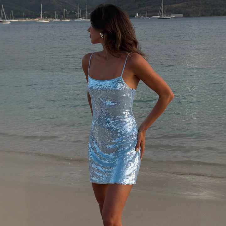 Damen Glitzerndes Party-Kleid mit Spaghettiträgern und figurbetontem Schnitt Drune