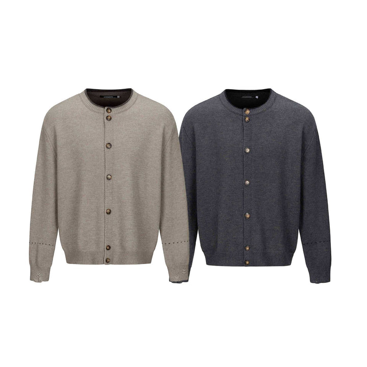 Unisex Schlichte Strickjacke mit Rundhals, Holzknopfleiste und geripptem Saum Drune