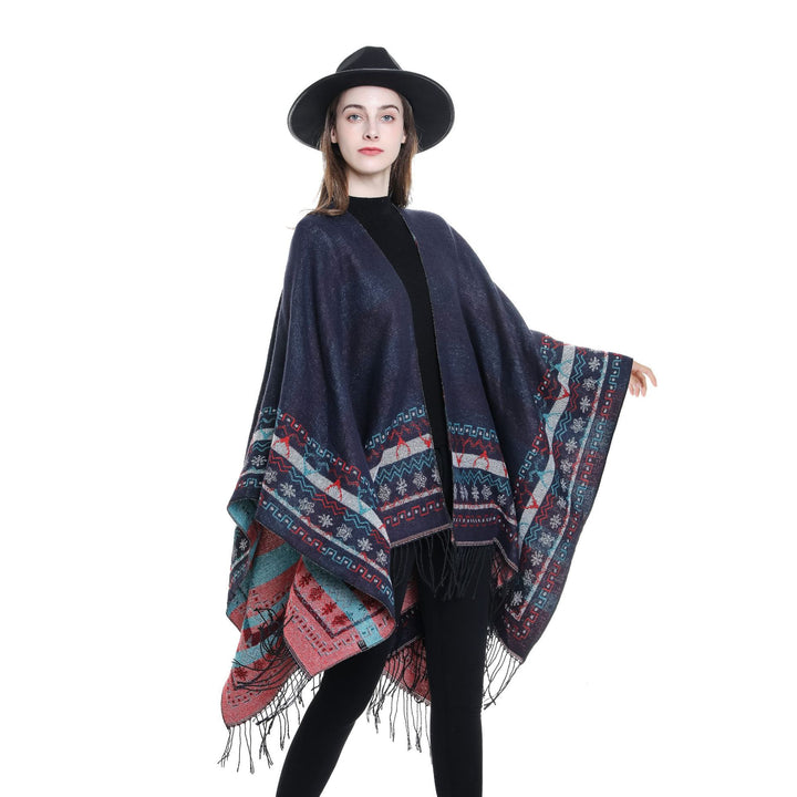 Damen Wollmix-Kimono-Poncho mit Norwegerbordüre und Fransen Drune