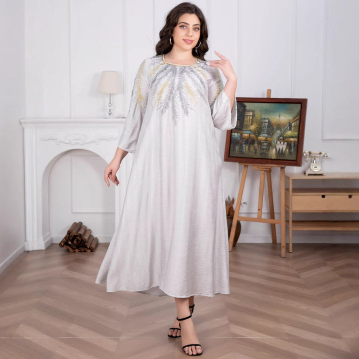 Damen Fließendes Maxikleid mit besticktem Rundhalsausschnitt und 3/4-Ärmeln Drune