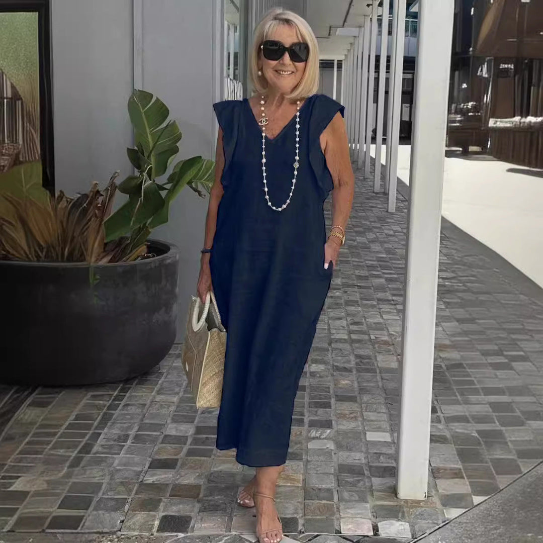 Damen Maxikleid mit V-Ausschnitt und angeschnittenem Ärmel Drune