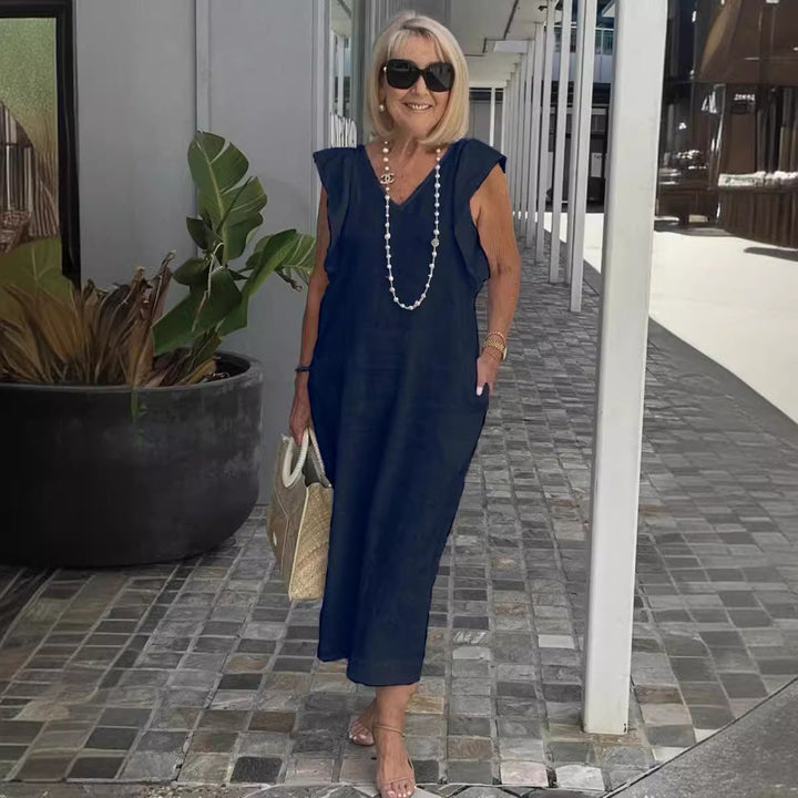 Damen Maxikleid mit V-Ausschnitt und angeschnittenem Ärmel Drune