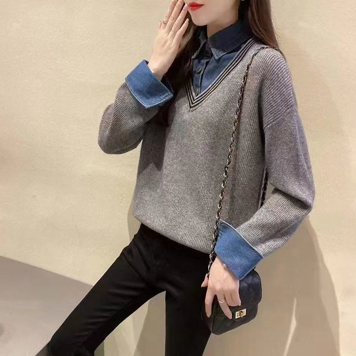 Damen lässiger Strickpullover mit schickem Hemdkragen Drune