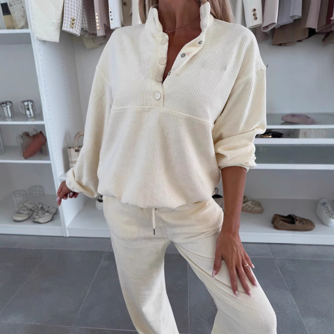 Damen Cord-Lounge-Set mit Henley-Kragen, Knopfleiste und weitem High-Waist-Hose Drune