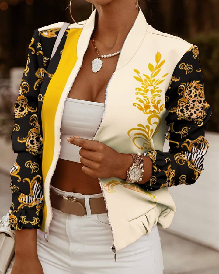 Damen sportliche Bomberjacke mit floralem Design und kontrastierenden Ärmelakzenten Drune