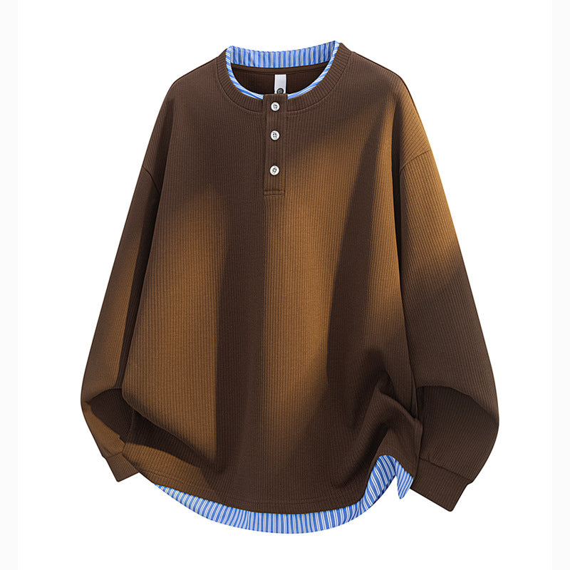 Unisex Oversize Henley-Langarmshirt mit Rippenstruktur und Einsatzlayer Drune