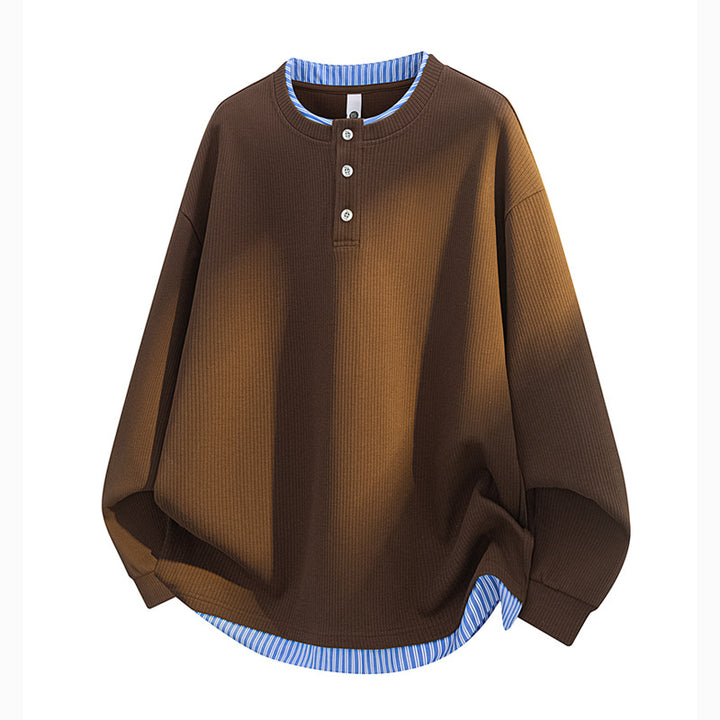 Unisex Oversize Henley-Langarmshirt mit Rippenstruktur und Einsatzlayer Drune