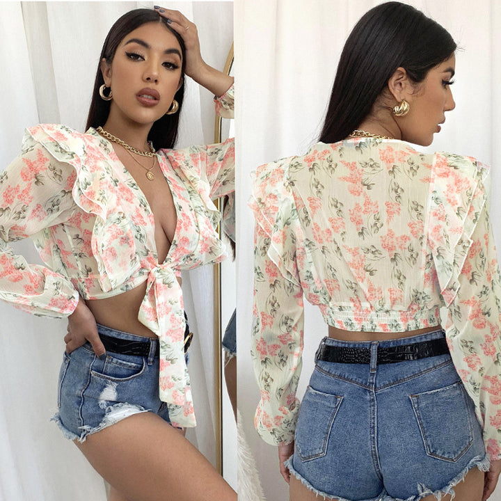 Damen Bluse mit Rüschen und floralem Design Drune