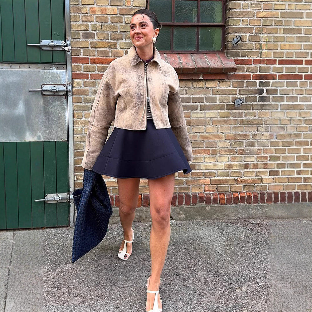 Damen Kurz geschnittene Velourslederjacke in Used‑Optik mit extra langen Ärmeln und Zwei‑Wege‑Reißverschluss Drune